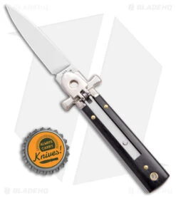 AGA 6" Lever Lock Automatic Italian Knife Ebony W/Cross Bolsters (2.5" Polish) -Automatic Knives Shop AGA 6in LL Ebony Wood Auto Cross Bolsters Satin BHQ 177247 jr bottlecap