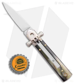 AGA 6" Lever Lock Automatic Italian Knife Horn W/Cross Bolsters (2.5" Satin) -Automatic Knives Shop AGA 6in LL Horn Auto Cross Bolsters Satin BHQ 177246 jr bottlecap