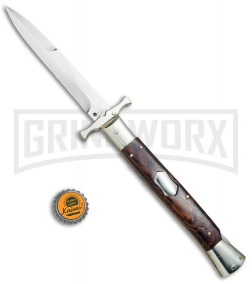 AGA Campolin 13" Stiletto Bat Swinguard Cocobolo Automatic Knife - Bayo -Automatic Knives Shop AGA Campolin 13in Bat Swinguard Auto Cocobolo Satin Bayo BHQ 77552 jr bottlecap large