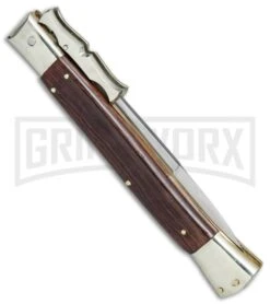 AGA Campolin 13" Stiletto Bat Swinguard Cocobolo Automatic Knife - Bayo -Automatic Knives Shop AGA Campolin 13in Bat Swinguard Auto Cocobolo Satin Bayo BHQ 77552 jr side large