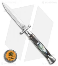 AGA Campolin 9" Swinguard Automatic Knife Brazilian Horn (5.75" Satin Dagger) -Automatic Knives Shop AGA Campolin 9 Swinguard Automatic Knife Brazilian Horn 5.75 Satin Dagger BHQ 121424 LS Bottlecap