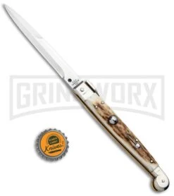 A.G.A. Campolin 9" Sicilian Stag Picklock Auto Sillito Knife - Bayonet -Automatic Knives Shop AGA Campolin 9in Sicilian Picklock Auto Stag Horn Satin Bayo BHQ 81940 jr bottlecap large