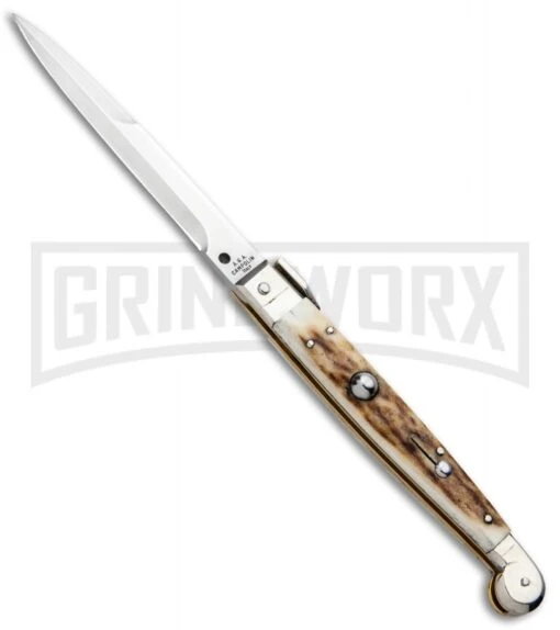 A.G.A. Campolin 9" Sicilian Stag Picklock Auto Sillito Knife - Bayonet -Automatic Knives Shop AGA Campolin 9in Sicilian Picklock Auto Stag Horn Satin Bayo BHQ 81940 jr large