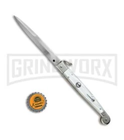 A.G.A. Campolin 9" Sicilian Ring Pull White Pearlex Automatic Knife - Bayonet -Automatic Knives Shop AGA Campolin 9in Sicilian White Pearlex Ring Pull Bayo BP 19445 jr bottlecap large