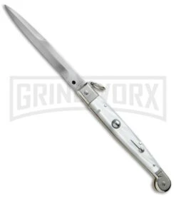 A.G.A. Campolin 9" Sicilian Ring Pull White Pearlex Automatic Knife - Bayonet -Automatic Knives Shop AGA Campolin 9in Sicilian White Pearlex Ring Pull Bayo BP 19445 jr large