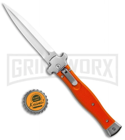 AGA Campolin Zero Orange G-10 Leverlock Automatic Knife - Dagger Satin Plain -Automatic Knives Shop AGA Campolin Zero Dagger Leverlock Auto Orange G 10 Satin AGA01O SD BHQ 94617 jr bottlecap large