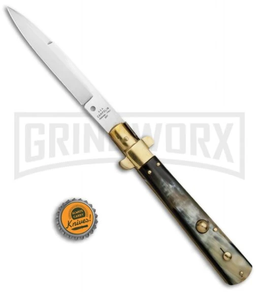 AGA Campolin 11" Frosolone Brazilian Horn/Brass Stiletto Automatic - Bayonet -Automatic Knives Shop AGA Frosolone Brazilian Brass 11in Bayo BP 29290 jr bottlecap large