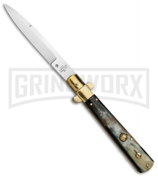 AGA Campolin 11" Frosolone Brazilian Horn/Brass Stiletto Automatic - Bayonet -Automatic Knives Shop AGA Frosolone Brazilian Brass 11in Bayo BP 29290 jr large