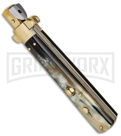 AGA Campolin 11" Frosolone Brazilian Horn/Brass Stiletto Automatic - Bayonet -Automatic Knives Shop AGA Frosolone Brazilian Brass 11in Bayo BP 29290 jr spine large