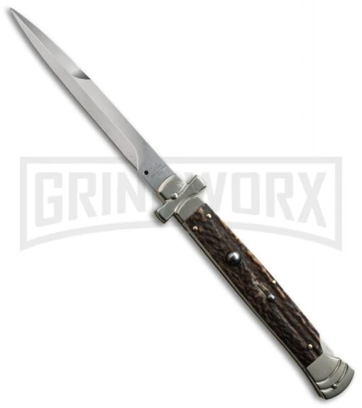 A.G.A. Campolin 11" Maltese Cross Stiletto Stag Automatic Knife - Bayonet -Automatic Knives Shop aga 11in stag horn maltese large