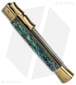 AGA Campolin 13" Bat Swinguard Automatic Brass/Abalone (5.75" Satin Dagger) -Automatic Knives Shop aga 13in swing bat abalone dagger br side cm