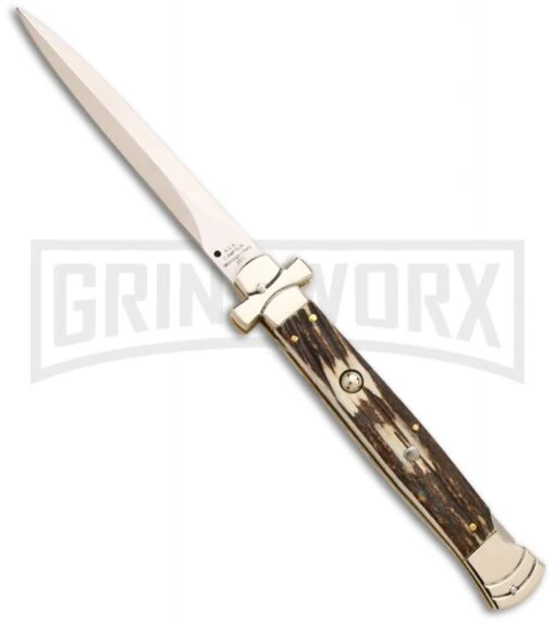 A.G.A. Campolin 11" Stag Automatic Cross Stiletto Knife W/ Lockback (Dagger) -Automatic Knives Shop aga campolin lockback 11in stag dagger large